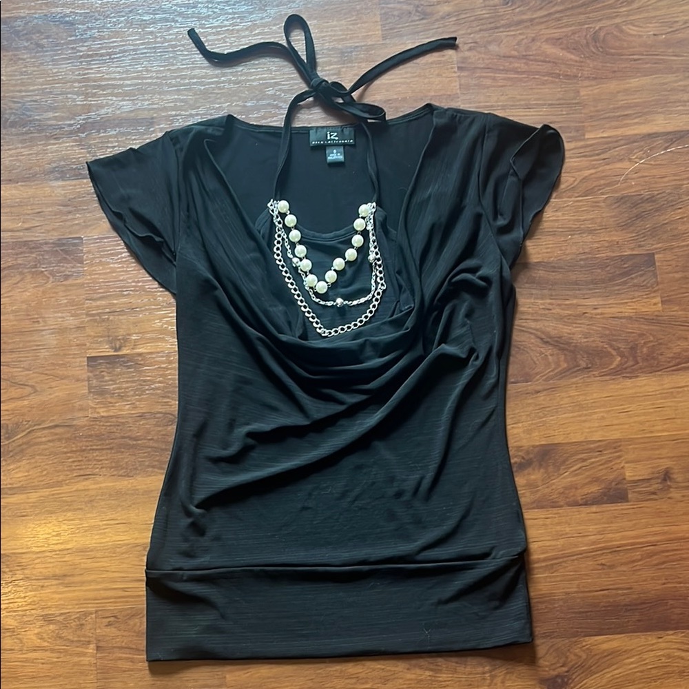 Iz Byer Black Flutter Sleeve Blouse with Tie Front